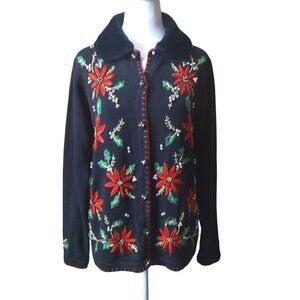 OHI Size Medium Button Front Christmas Poinsettia  Removeable Collar Cardigan